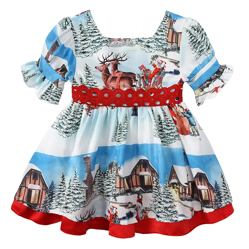 Natal das crianças Papai Noel imprimir saia grande arco Vestido das meninas Vestido das crianças pequenas e médias