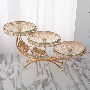 New Light Luxury Gold Silver Creative Food Shelf Home Hotel Dry Fruit 3 Plates Serving Crystal Glass Food Tray