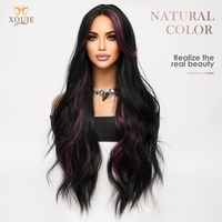 Perruque synthétique noire avec mèches violettes, ondulations lâches, fibres haute température, boucles longues et volumineuses, pour femme, usage quotidien, vacances, ajustable