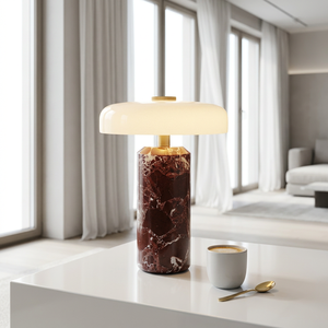 Lampe de table champignon style mid-century avec base en marbre rouge et abat-jour en verre blanc pour salon - Product Image 1