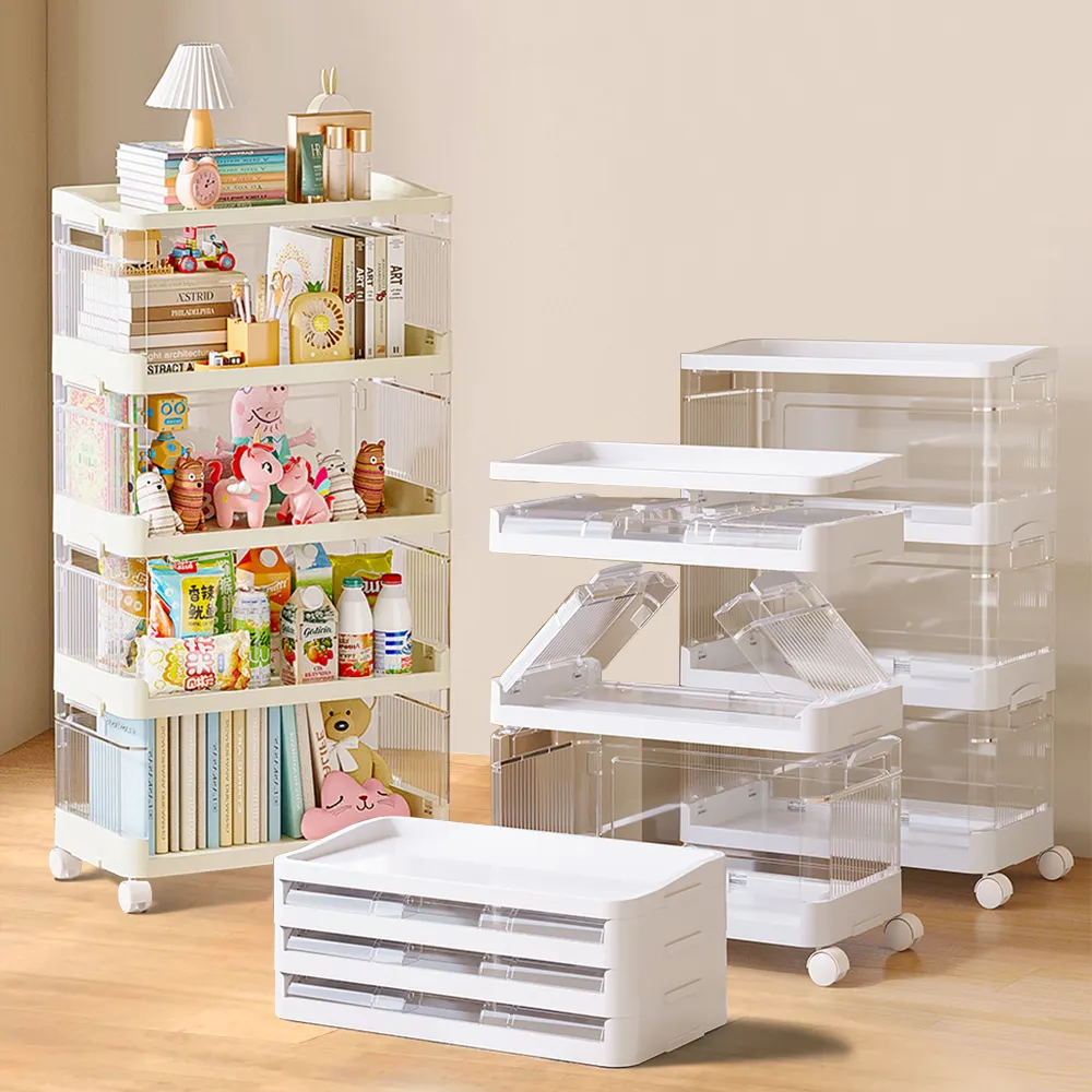 Wholesale Mobile Clear Folding Multi-tier Rolling Utility Trolley Cart Plastic Storage Organizer Rack for Home Kitchen