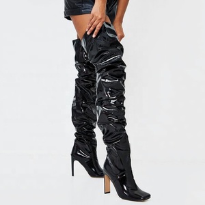 Nouveautés : Bottes hautes pour femmes à bout carré, design plissé, talons épais, longueur au-dessus du genou, grandes tailles 43 - Product Image 3