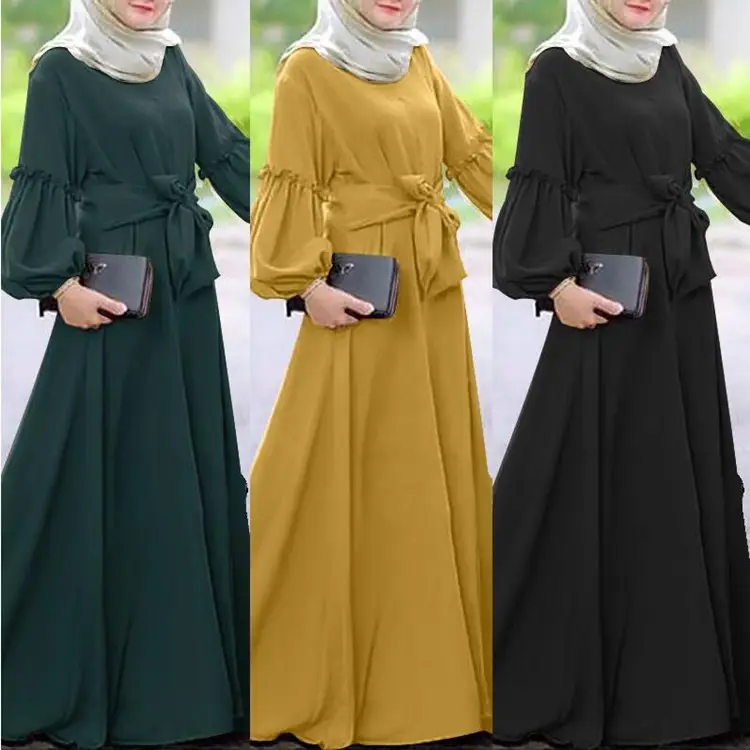 OEM Custom Women Muslim Robe Chiffon Dress Islamic Clothing Ladies Long Sleeve Ruffle Long Dress Islamic Kaftan