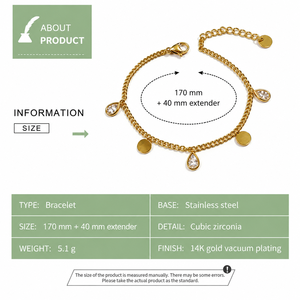 Bracelet à breloques en zircon en forme de poire, en acier inoxydable, plaqué or 14 carats sous vide et chaîne réglable en zircon, bijoux - Product Image 3