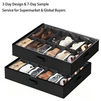 Organisateur de rangement pour chaussures de placard (12 paires) 4,3 pouces de hauteur, pliable en tissu, 2 poignées renforcées, capacité de 35 L, noir