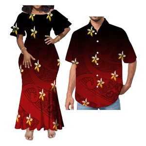Vente en gros directe robe hawaïenne en queue de poisson à col style tropical pour hommes tenue de couple de grande taille tissu en mousseline de soie lavable - Product Image 2