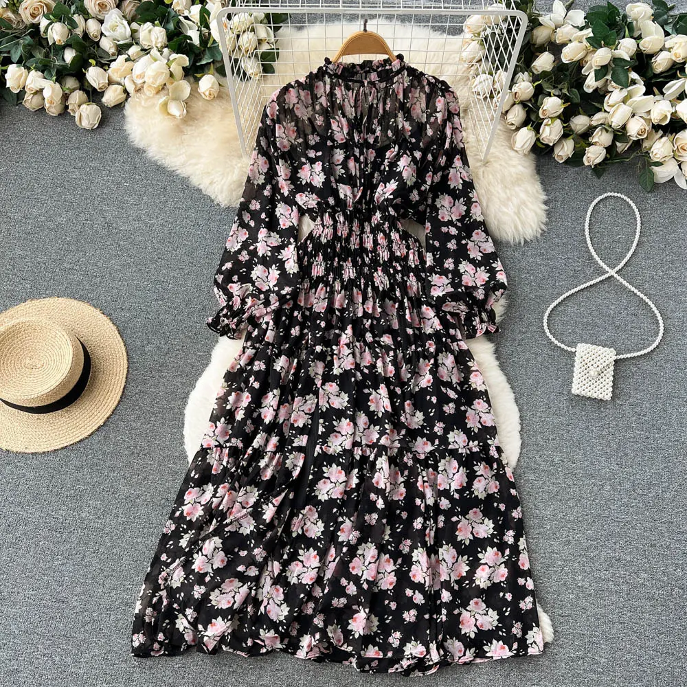 Saia floral feminina de emagrecimento, vestido personalizado francês suave cintura vestido de manga lanterna para o outono praia feriados