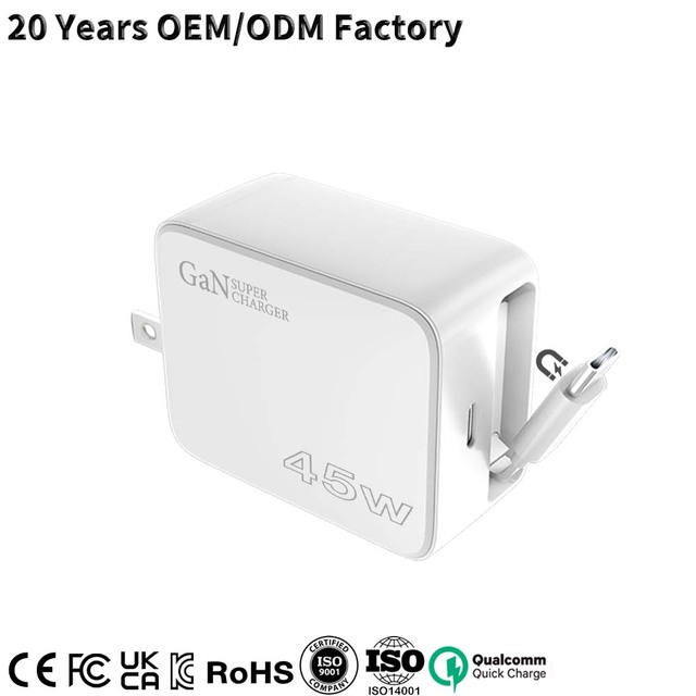 GaN 45W PD 3.0/3.1 QC 3.0 Laptop Fast Charger 2xType-C +70cm Magnetic Retractable Cable OVP/OTP US/EU/UK Plug CE/FCC/UKCA