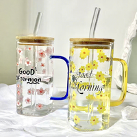 400ml Hitzebeständige Bleifreie Borosilikatglas Quadratische Tasse mit Buntem Griff, Deckel, Strohhalm und Blumenmuster, Spülmaschinenfest, für Zuhause