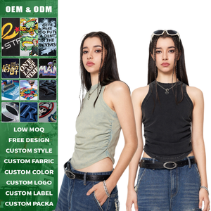 Crop top sans manches froncé - Haut tricoté ajusté à col rond, en coton élasthanne respirant, couleur unie, style streetwear pour le printemps et l'été - Product Image 6