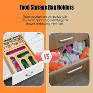 थोक फैक्टरी प्रत्यक्ष कस्टम बांस लकड़ी Ziplock प्लास्टिक बैग भंडारण दराज रसोई के लिए लकड़ी खाद्य भंडारण आयोजक धारकों