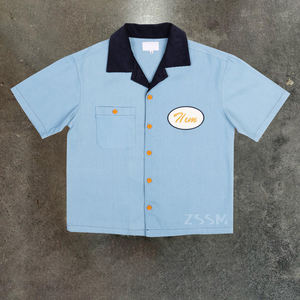 カスタム刺繍ロゴボタンメンズポロシャツカット縫いわずかにトリミングフィットキューバ襟付きシャツボックスワークシャツ男性用 - Product Image 1