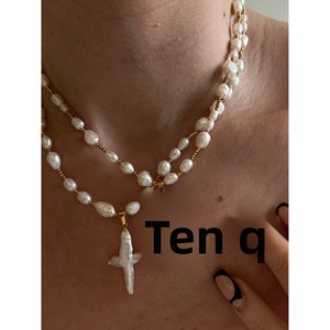 Collier pendentif unisexe rétro en perles baroques d'eau douce naturelles, motif croisé, laiton incrusté de diamants, cadeau tendance - Product Image 4