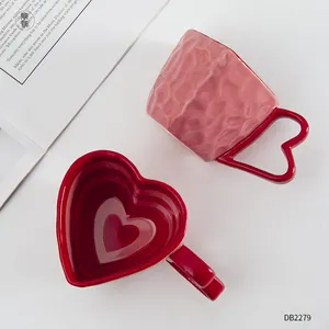 Custom Logo Printed Reusable Heart Shaped Couple Porcelain Coffee Cup Gift Set Eco-friendly Ceramic Coffee Mugs