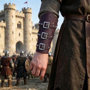 Pelindung Lengan Abad Pertengahan dari Kulit Imitasi, Pelindung Pergelangan Tangan Viking Berpaku 3 Tali untuk LARP & Cosplay - Product Image 1