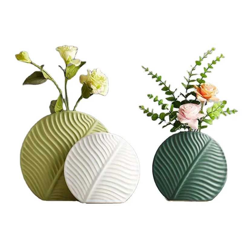 Vaso de cerâmica plano com pequena decoração, estilo nórdico, criativo, folhas frescas, vaso de cerâmica, decoração para casa, sala de estar, quarto, tv, balcão