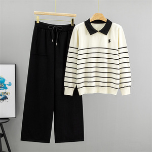 Women's Elegant Loose Wide-Leg <b>Pants</b> Two-Piece Sweater Set Autumn Winter New Fashion Striped Knit Suit Turn-<b>Down</b> Collar Foreign - Product Image 3