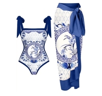 2024 baru multiwarna bunga bandeau deep v asimetris bikini wanita dengan sarung