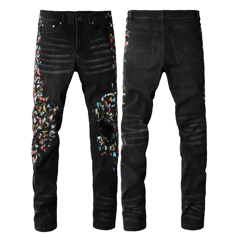 Toptan stok lot özel en yüksek kalite siyah denim graffiti giysi pantolon pantolon erkek kot için