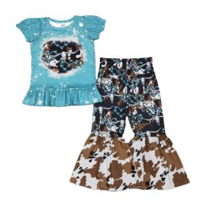 Conjunto de Ropa Infantil GSPO2116 RTS Little Active Girl con Estampado de Ganado, Estilo Occidental, Manga Larga, Venta al por Mayor - Product Image 1