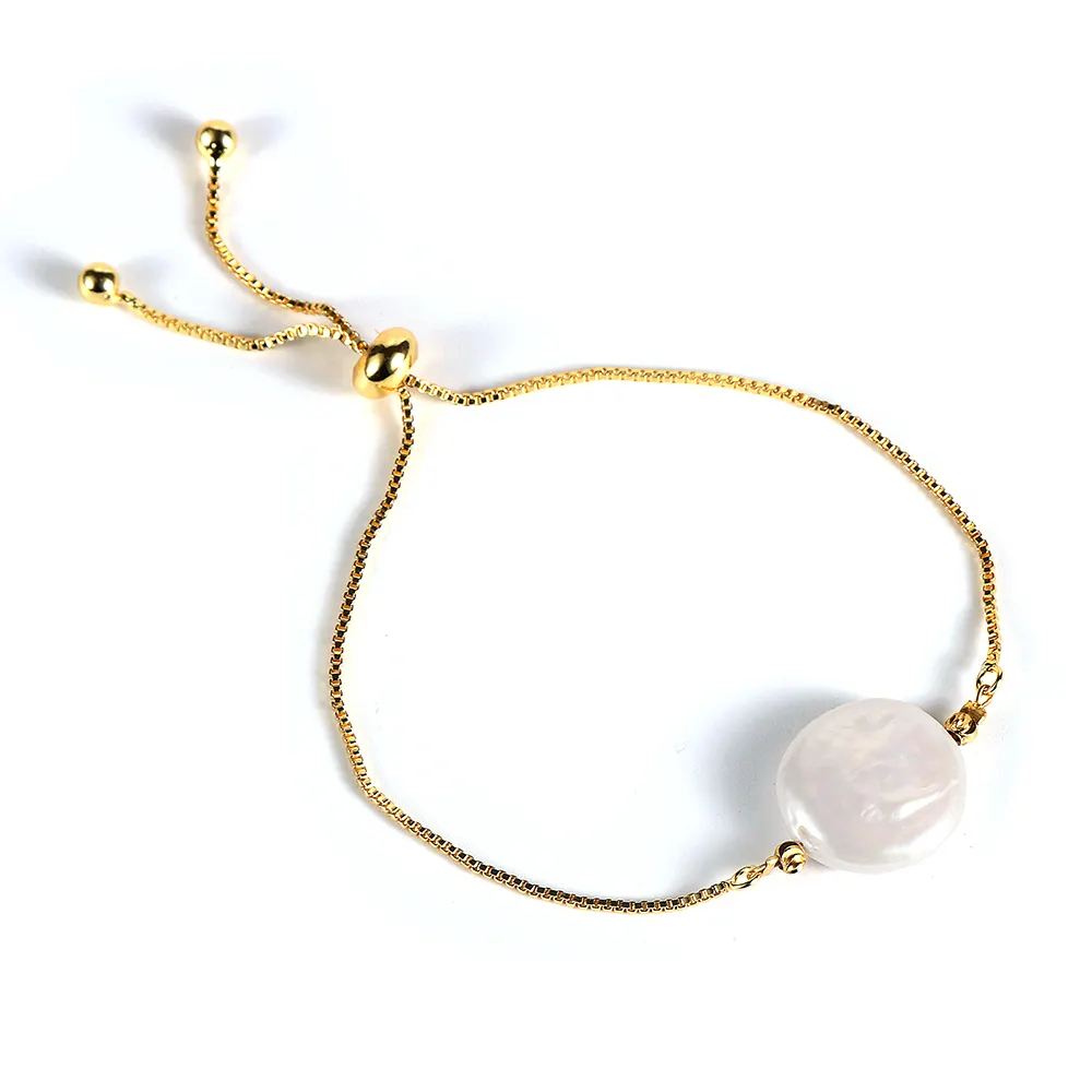 Nabest-pulsera barroca de perlas de agua dulce para mujer, Brazalete de eslabones chapado en oro de 18k, con nudo deslizante ajustable, PULSERAS CON ABALORIOS circulares cuadrados