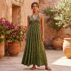 Vestido Maxi Halter con Estampado Floral Verde, Estilo Boho, Sin Mangas, Corte en A, Holgado, Informal de Otoño, Tejido de Rayón y Algodón con Borlas Naturales - Product Image 1
