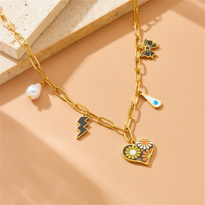 Stainless Steel Heart Daisy Lightning Bow Pendant Chain Necklace With Charms For Fashion Jewelry - Product Image 2