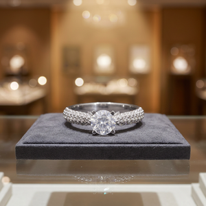 Bague de fiançailles classique en or 14 carats plaqué rhodium, diamant naturel solitaire, triple rangée d'accentuations en diamant pavé, éclat radieux - Product Image 4