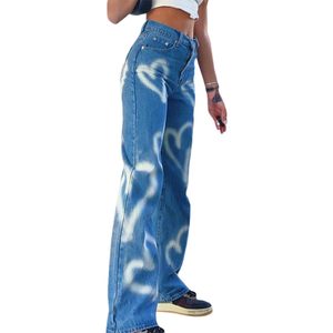 Jeans taille haute imprimé cœur jambes larges style vintage pour femmes coupe ample pantalon streetwear en denim pour adolescentes - Product Image 6