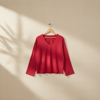 Top de Mujer Transpirable de Lino, Lyocell y Acrílico, Tejido Liso Teñido, Manga Larga, Cuello Redondo, Manga Acampanada, Corte Holgado, Color Sólido Minimalista