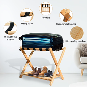 Vente en gros de porte-bagages d'hôtel pliable en bambou à 2 niveaux étagère de valise en bois avec sangles en nylon et étagère de rangement de chaussures pour le salon - Product Image 5