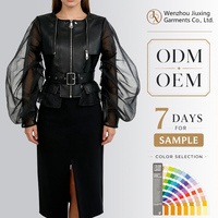 Veste en cuir pour femme à manches bouffantes transparentes noires, design classique et respectueux de l'environnement