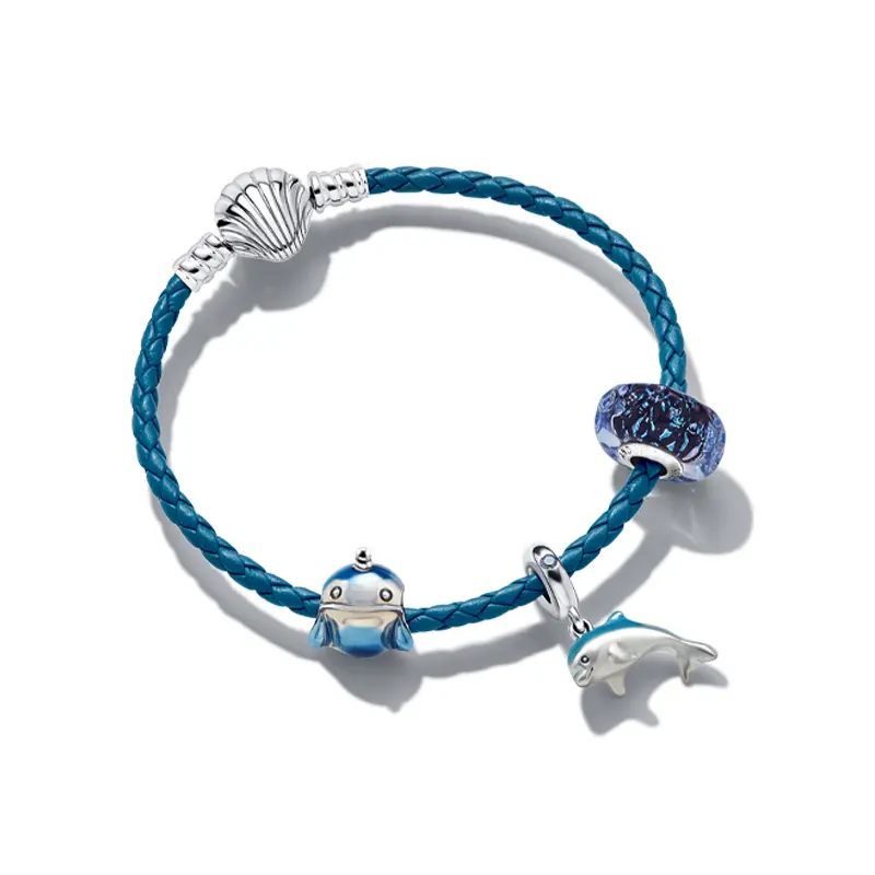 Shell Buckle 100% 925 Silver Hand Bracelet PAN Dream Blue Ocean Series Leather Braided Chain Women Fine Jewelry Making DIY