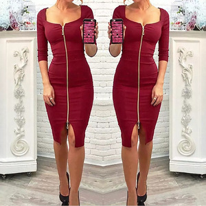 <span class=keywords><strong>Robe</strong></span> crayon sexy de style anglais, nouvelle mode automne-hiver, couleur unie, col carré, fermeture éclair sur le devant, <span class=keywords><strong>taille</strong></span> élastique, coupe ajustée - Product Image 5