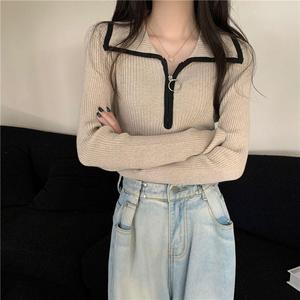 Maglione da donna con collo a revers e mezza zip, nuovo modello autunno/inverno, stile dolce e piccante, slim fit, a maniche lunghe, in maglia - Product Image 3