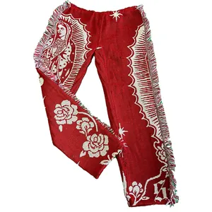 Blumenmuster Stricken Luxus Frauen Quaste Handtuch Dick Vintage Stilvolle Marke Benutzer definierte Handgemachte Tapisserie Decke Hosen Jogger