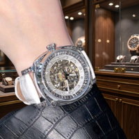 Montre mécanique pour femme Nasir, bracelet en cuir blanc et acier, étanche, cadran squelette, montre tendance