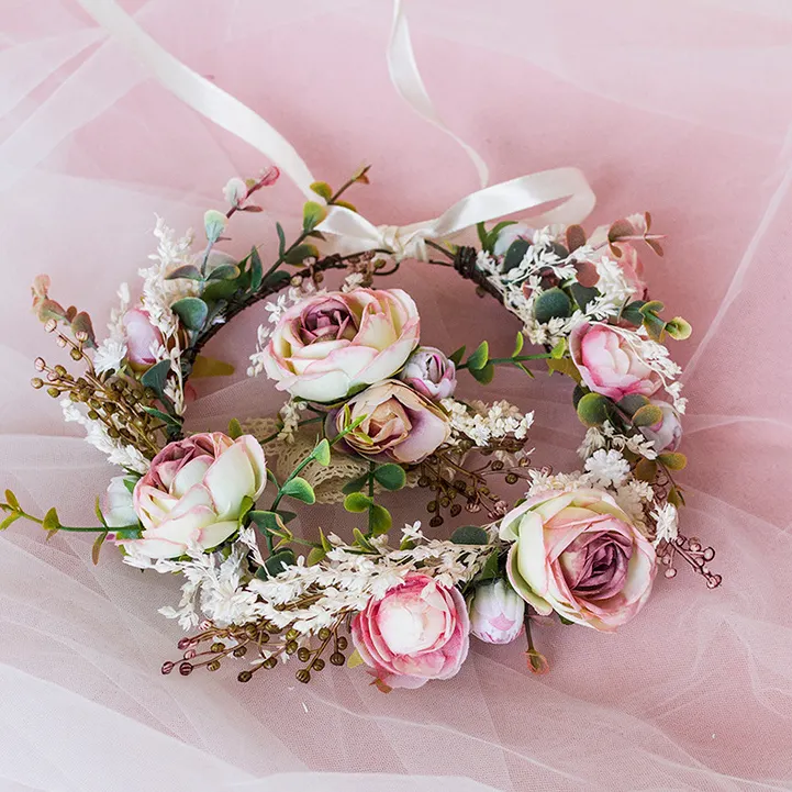 2024 New Wedding Wreath Wrist Corsage Handmade Exquisite Rose Floral Hair Garland Wedding Accessories Flower Headband For Brides