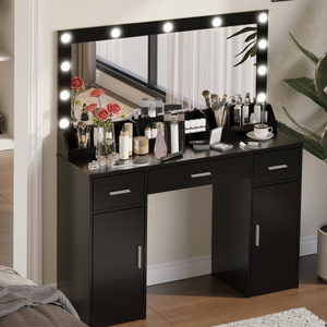 Modern 47.2" Vanity <b>Desk</b> <b>Large</b> Lighted Mirror 3 Color Lighting Modes Adjustable Brightness Dresser 3 Drawers 2 Vertical Bedroom - Product Image 2
