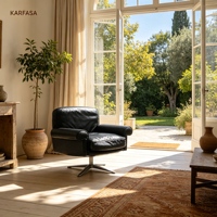 Fauteuil pivotant en cuir, style mid-century modern, avec accoudoirs roulés, base en métal, pour salon, lecture ou bureau