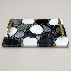 Plateau de service en agate naturelle et marbre avec poignées en métal doré, plateau décoratif en pierre pour table basse, maison, cuisine, hôtel - Product Image 1