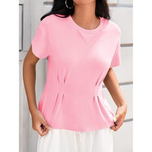 Haut plissé rose léger à manches courtes et col rond pour femme, style peplum, idéal pour l'été et la mode décontractée - Product Image 3