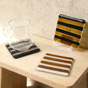 Coasters for Drinks Handmade Glass 4 Inch <b>Square</b> Dual Tone Color Striped Design Non-Slip for Coffee <b>Table</b> Home <b>Bar</b> Décor Gift - Product Image 1