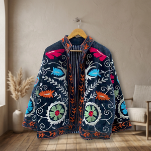 Chaqueta Bomber de Terciopelo Unisex Hecha a Mano de Primera Calidad, Estilo Tradicional Rajastaní y Cachemir, Multicolor, Floral, de Algodón - Product Image 3
