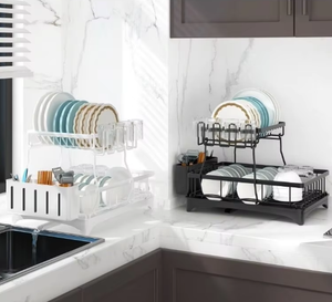 Égouttoir à vaisselle à 2 niveaux pour cuisine, à poser au-dessus <span class=keywords><strong>de</strong></span> l'évier, <span class=keywords><strong>avec</strong></span> rangement et supports - Product Image 5