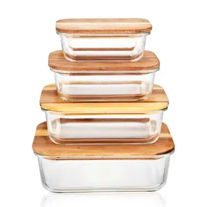 Linuo Eco-friendly design glass storage container Glass food Container with bamboo wooden lid