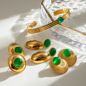 Elegant Gold Green Agate Oval <b>Earrings</b> Bezel Setting Stainless Steel <b>Post</b> Everyday Wear Fine Jewelry Set - Product Image 3