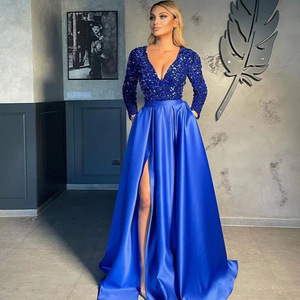Evening Gown V Neck Long Sleeve <b>Sequined</b> Full Skirt With Slit Natural Waistline - Product Image 2