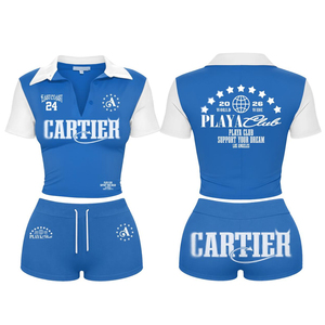 Conjunto de Top Corto Tipo Polo con Cierre Frontal y Pantalones Cortos para Mujer, Atuendo Casual de Dos Piezas, Logotipo Personalizado, Ropa de Verano, Conjunto de Top Corto con Cuello Polo para Mujer - Product Image 3