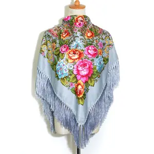 Melhor fornecedor Russo estilo granel comprar lenços xale echarpe com estampa floral mulheres boho viscose quadrado cachecol xale